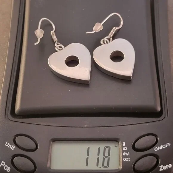 Sterling Vintage Modern Open Hole Heart 3D Dangle Drop Earrings - Picture 5 of 5